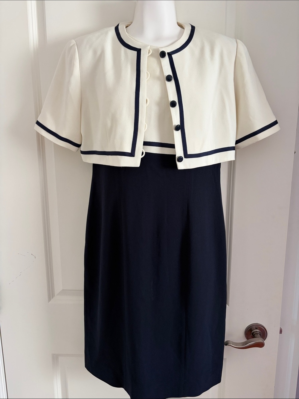 Liz Claiborne Navy Sheath Dress with Cream Cropped Bolero